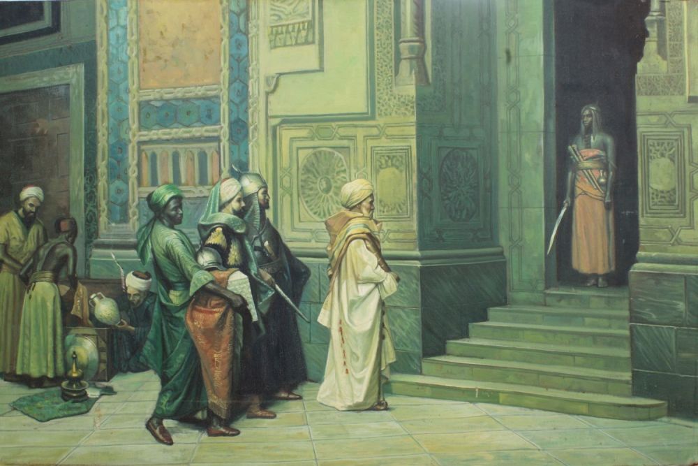 Lot 117: An Orientalist Painting Depicting Slaves with a Man...