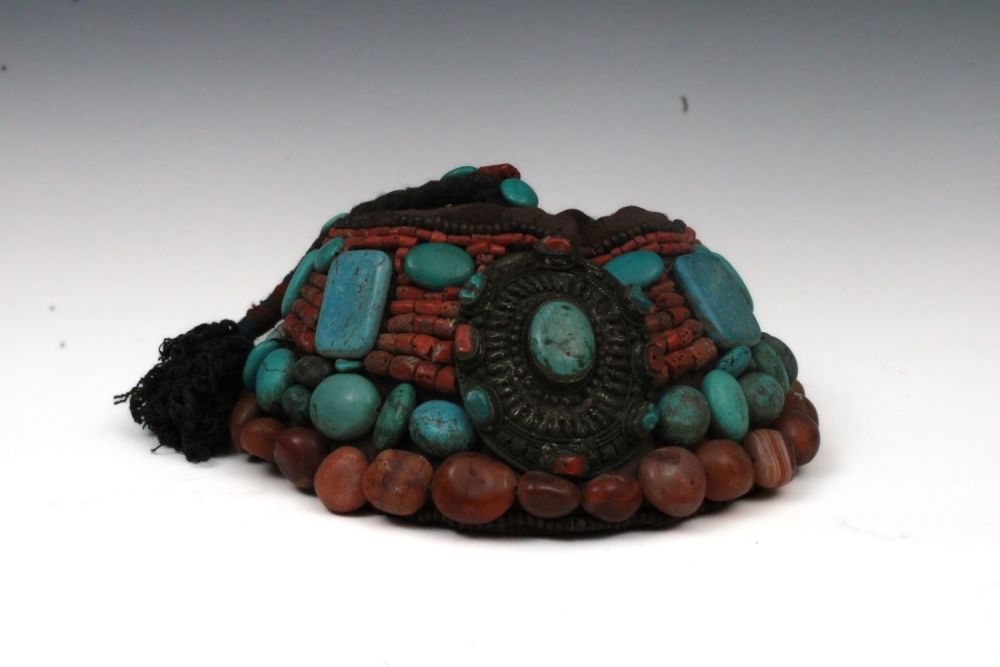 Lot 211: A Chinese Tibetan Ceremonial Fabric Headdress With Turquoise,...