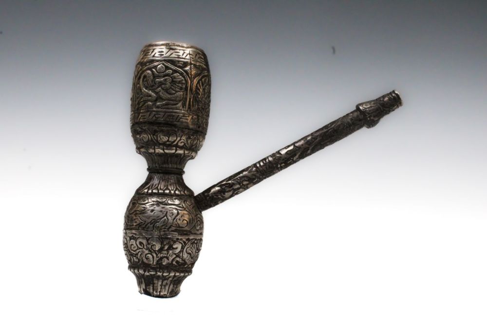 Lot 213: A Chinese Tibetan Silver Opium Smoking Pipe.