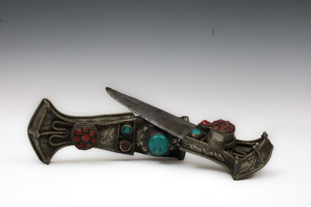 Lot 214: A Chinese Tibetan White Metal Short Knife with...