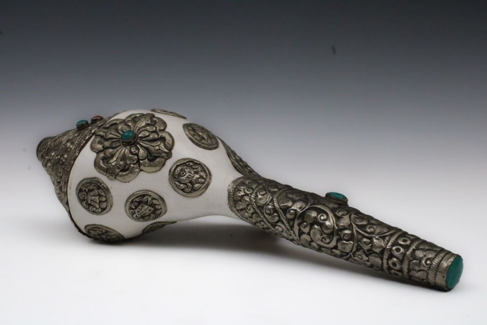 Lot 215: A Large Chinese Tibetan White Metal Conch Shell...
