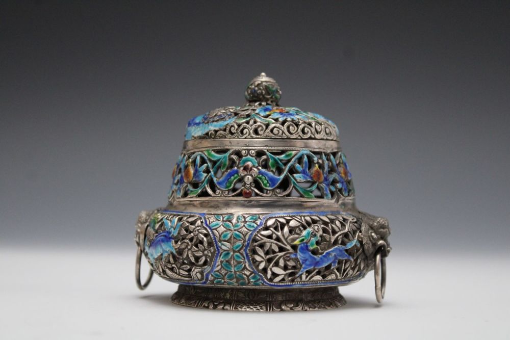 Lot 217: A Chinese Silver Incense Burner with Enamel Inlay...