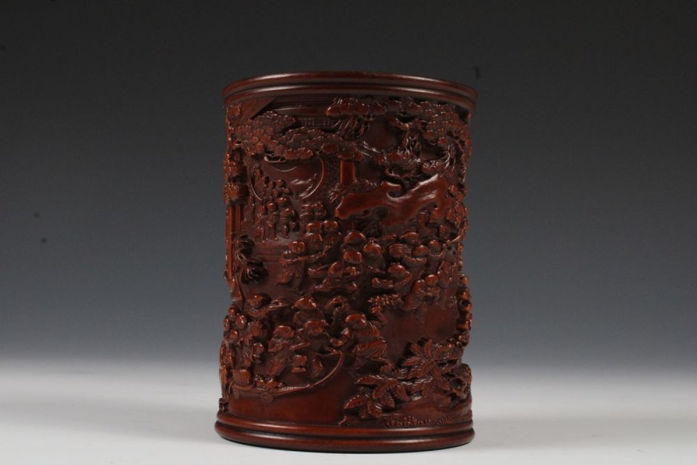 Lot 230: A Chinese Wooden Brush Pot with Decoration of...