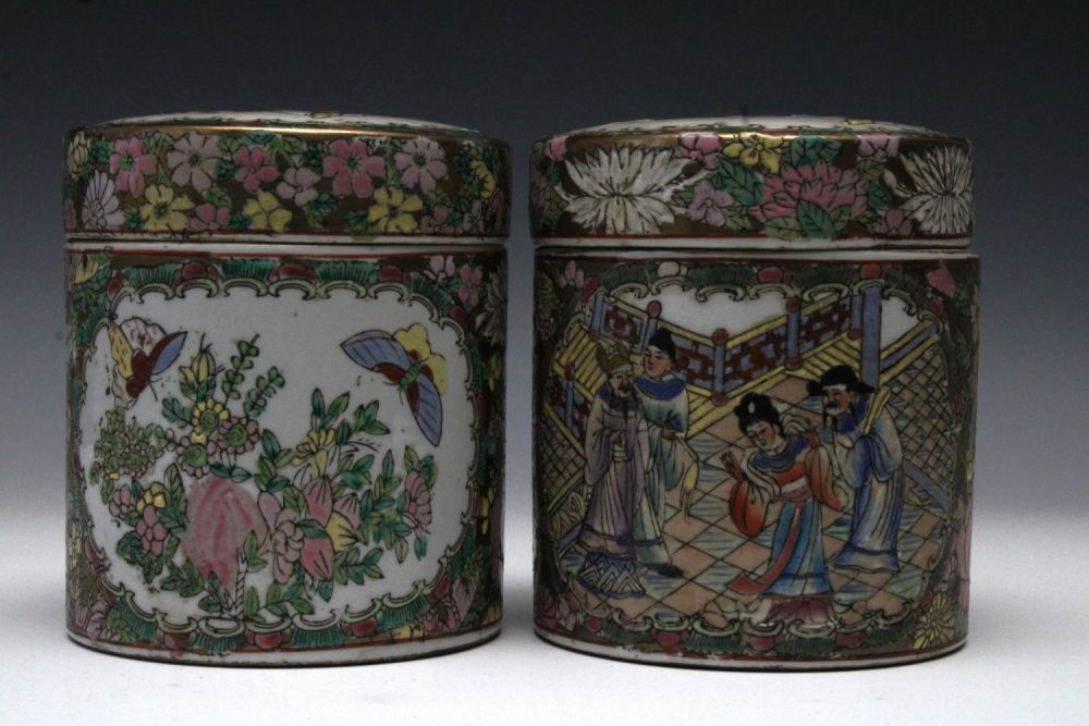 Lot 240: A Chinese Pair of Canton Hand-Painted Porcelain Jars.