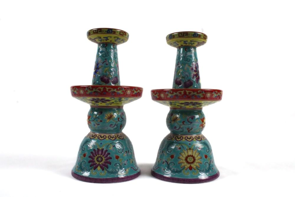 Lot 245: A Pair of Chinese Enamel Porcelain Candlesticks Decorated...