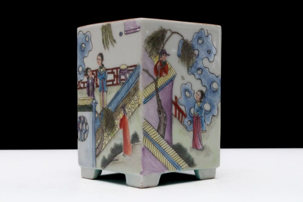 Lot 296: A Chinese Famille Rose Square Form Porcelain Brush...