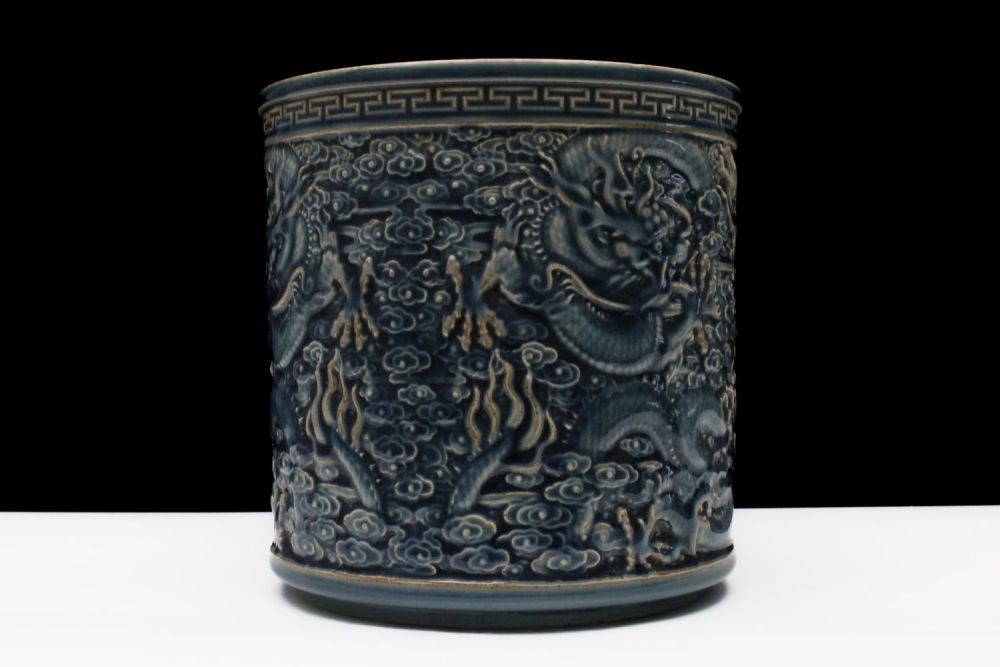 Lot 313: A Chinese Porcelain Large Blue Brush Pot Depicting...