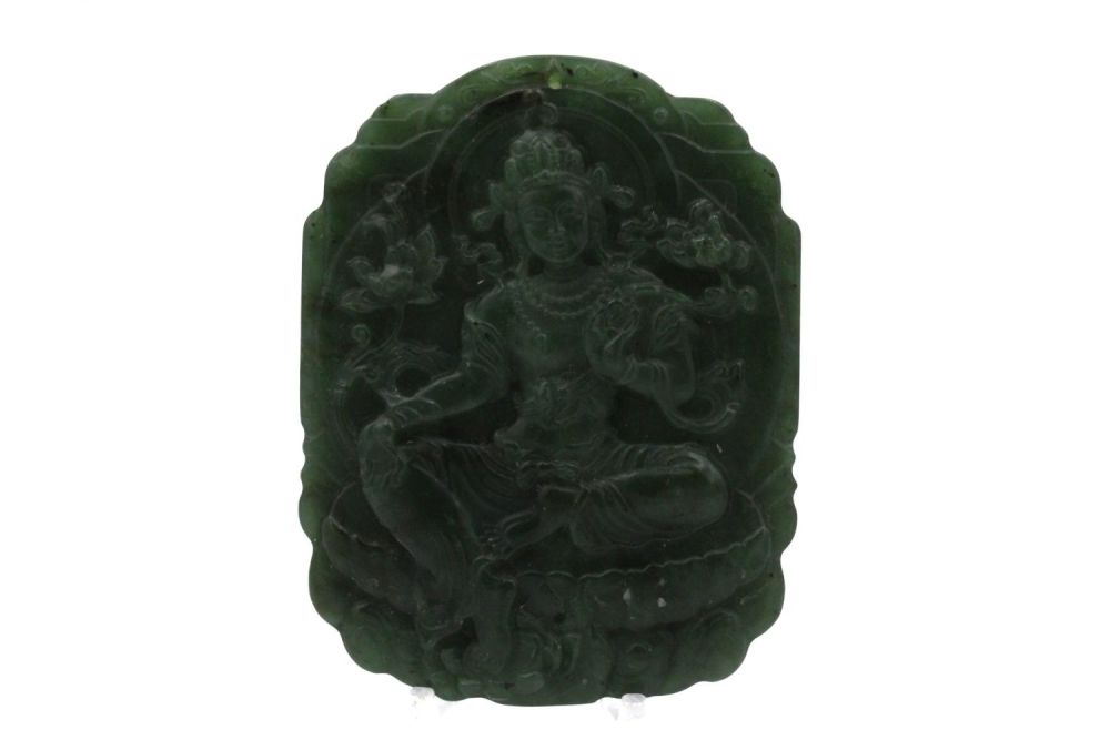 Lot 364: A Chinese Green Jade Buddhist Pendant with Chinese...