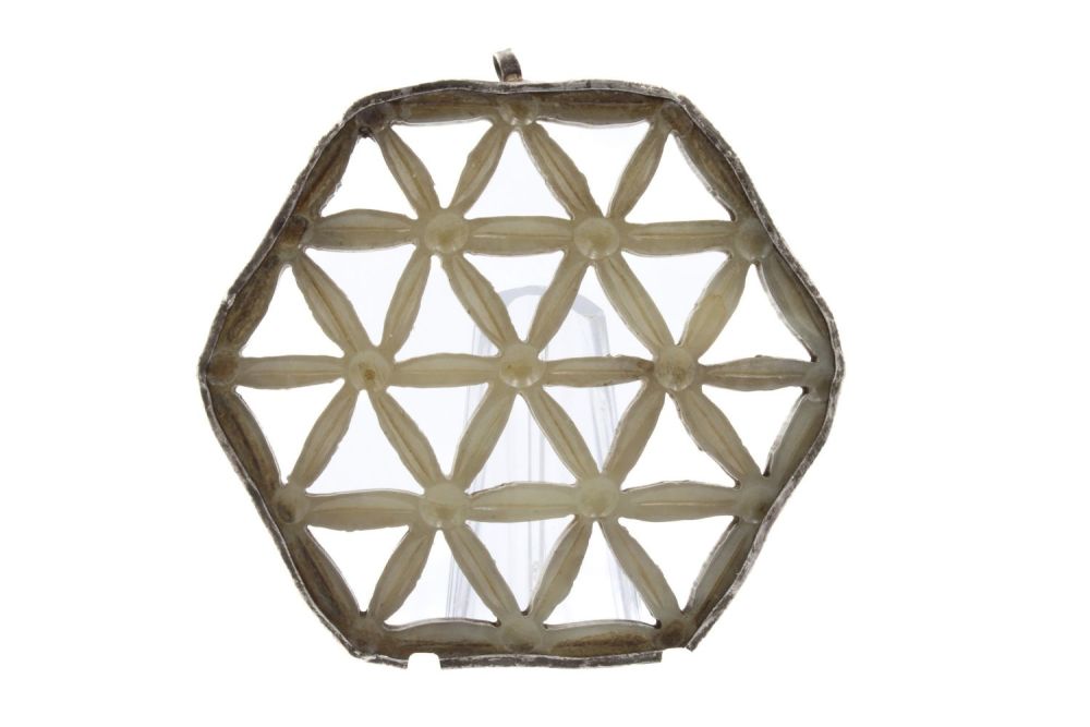 Lot 366: A Chinese Beautifully Carved Jade Hexagonal Pendant Surrounded...
