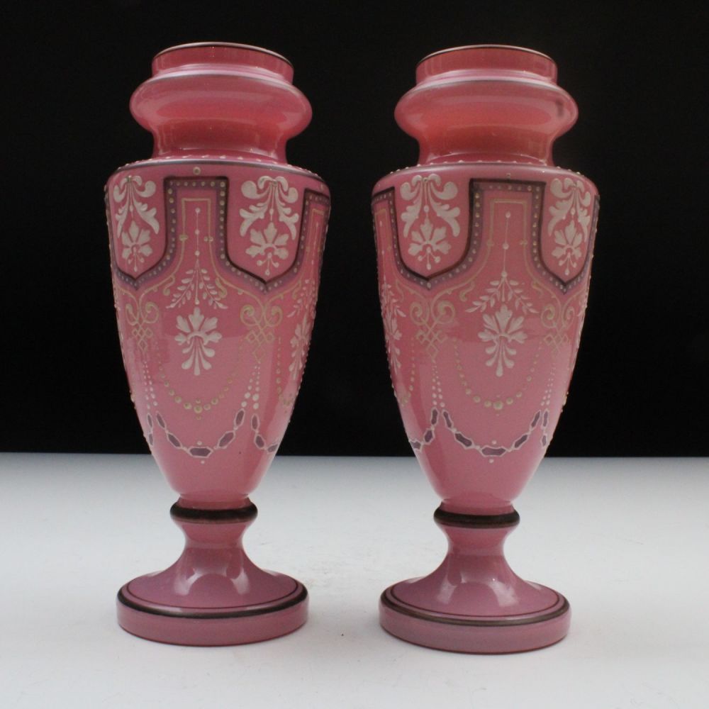 Lot 464: A Pair of Victorian Pink Opaline Hand Painted...