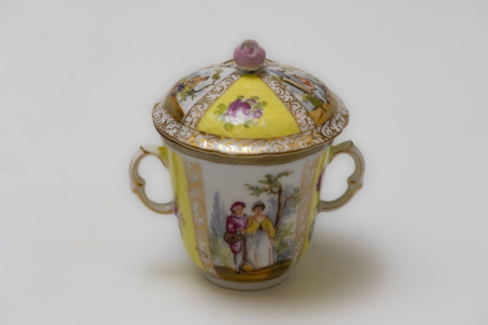 Lot 28: A Vintage German Yellow Porcelain Sugar Pot Depicting...