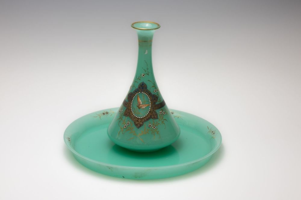 Lot 37: A Bohemian Green Decanter and Plate Depicting Floral...