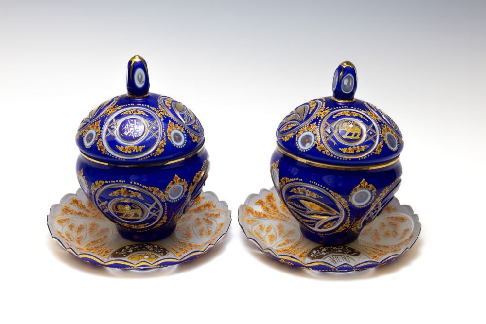 Lot 157: A Pair of Large Bohemian Blue Glass Bombiniers...