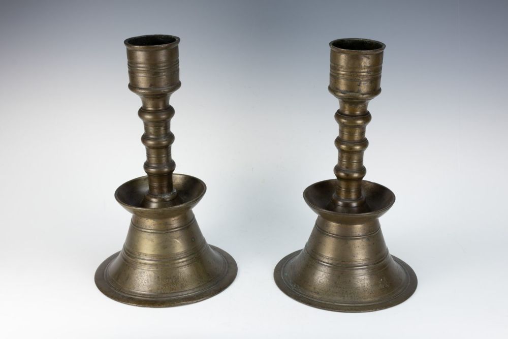 Lot 346: A Pair of Large Ottoman Turkish Bronze Candlesticks...