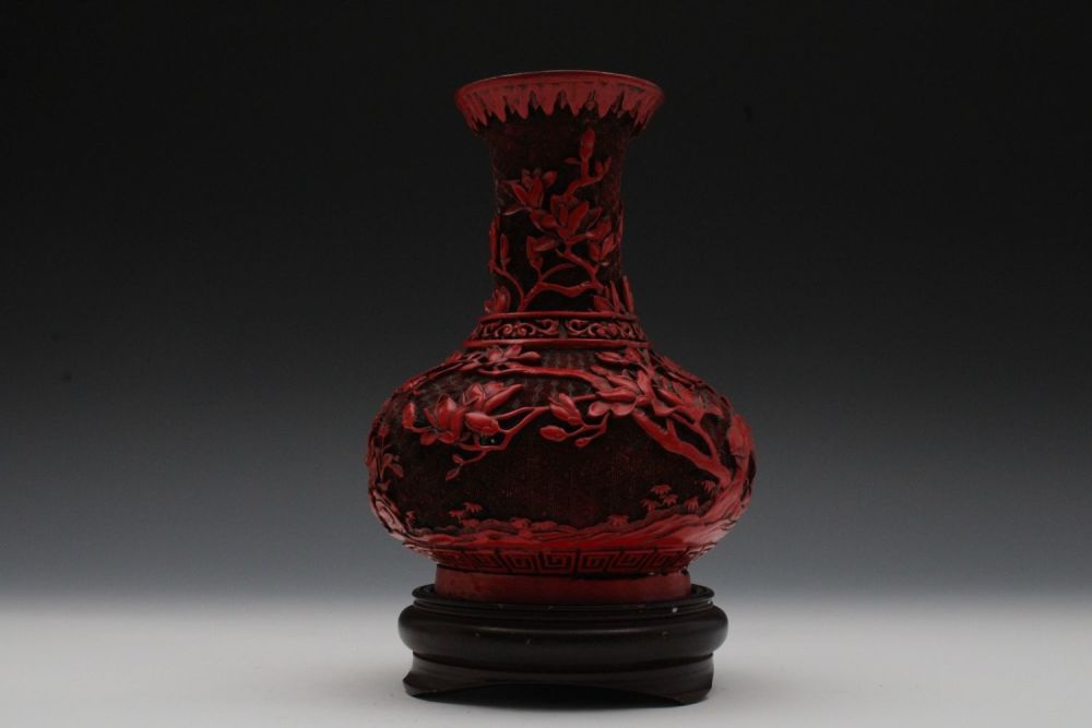 Lot 355: A Chinese Cinnabar Lacquer Vase with a Wooden...