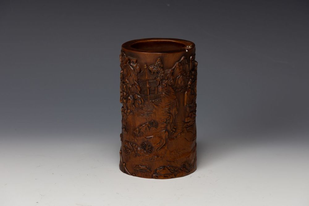 Lot 366: A Chinese Wooden Hand Carved Brush Pot Depicting...