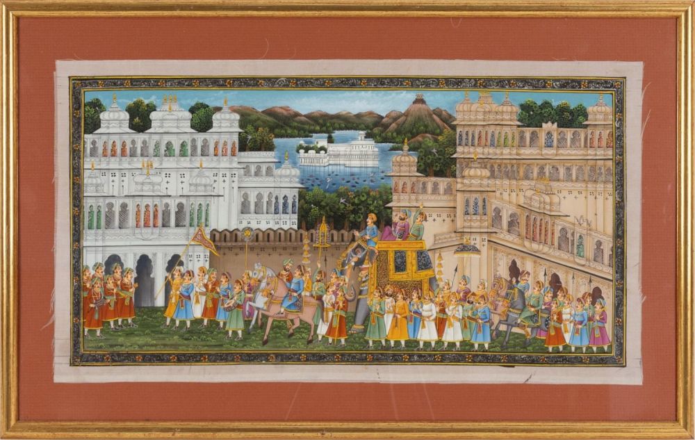 Lot 412: An Indian Mughal Style Painting on Silk Depicting...