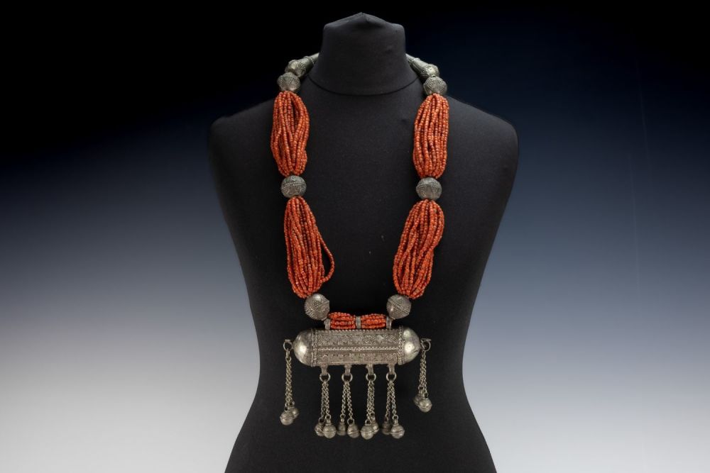 Lot 448: A Tribal Yemeni Silver and Coral Necklace.