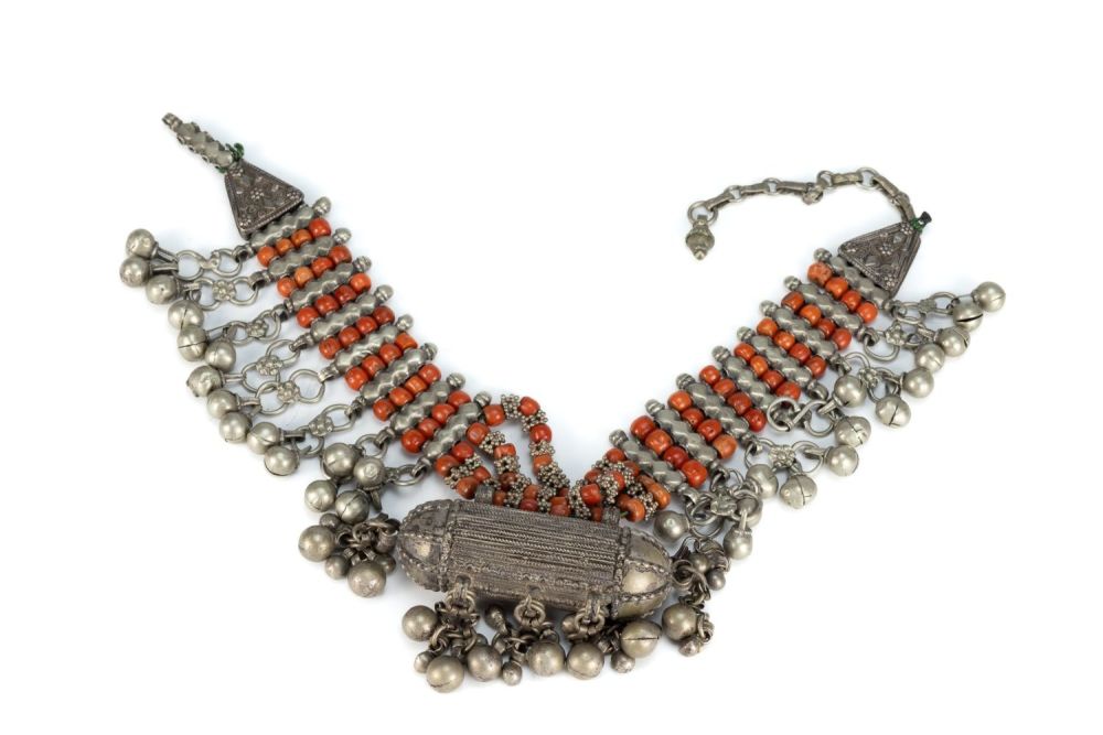 Lot 453: A Tribal Yemeni White Metal and Coral Necklace.