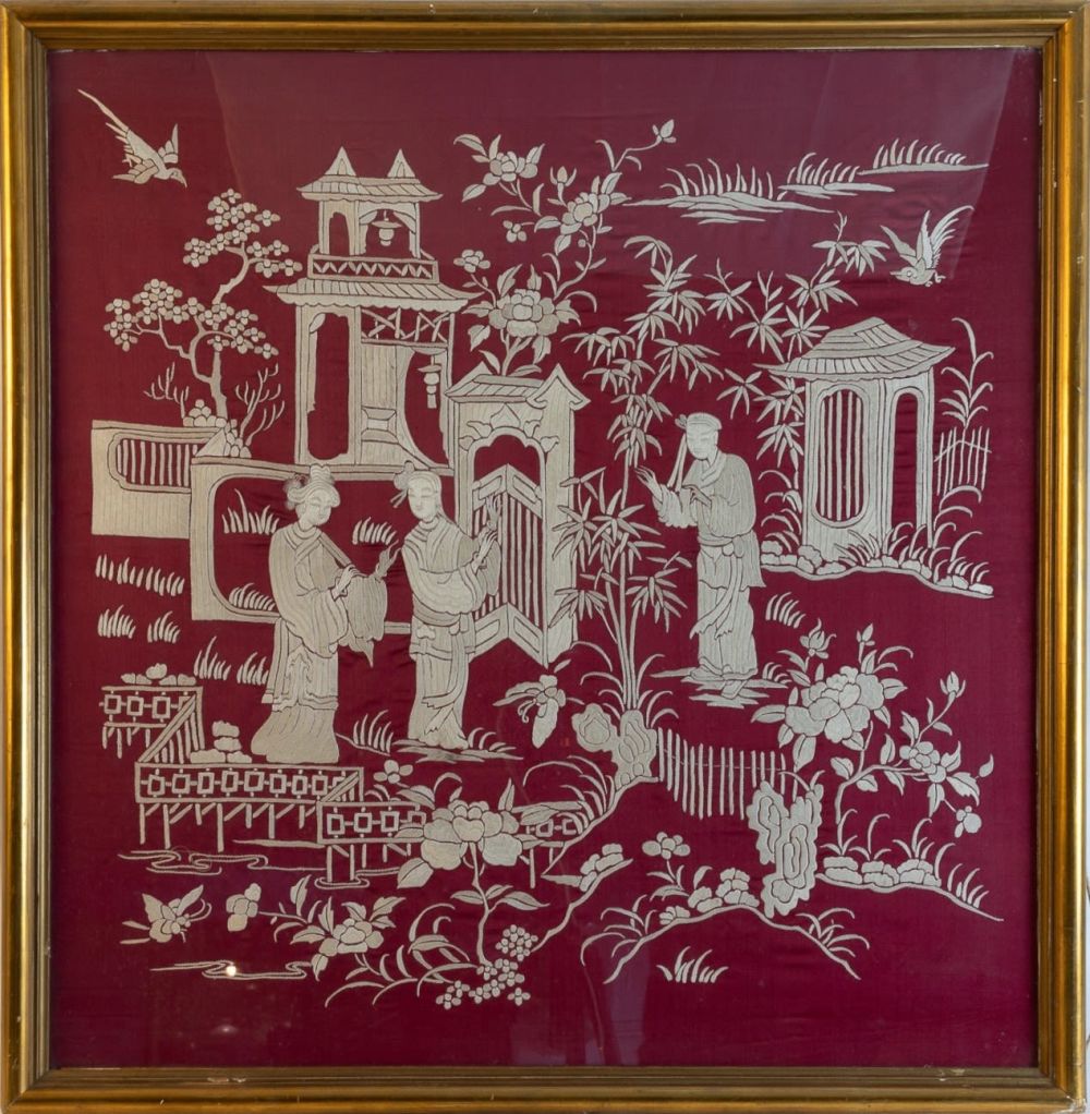 Lot 483: A Chinese Red Framed Embroidery from the Late...