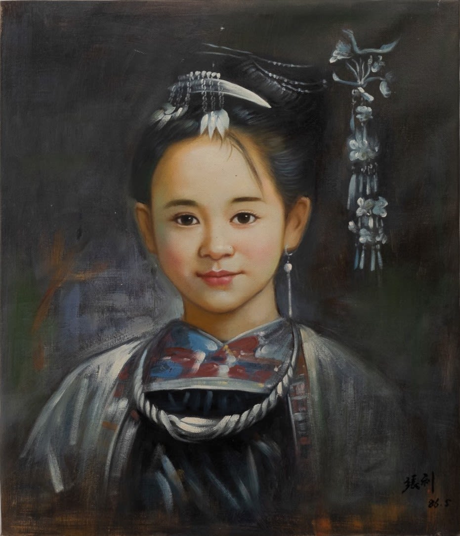 Lot 489: A Chinese Signed Oil Painting on Fabric Depicting...