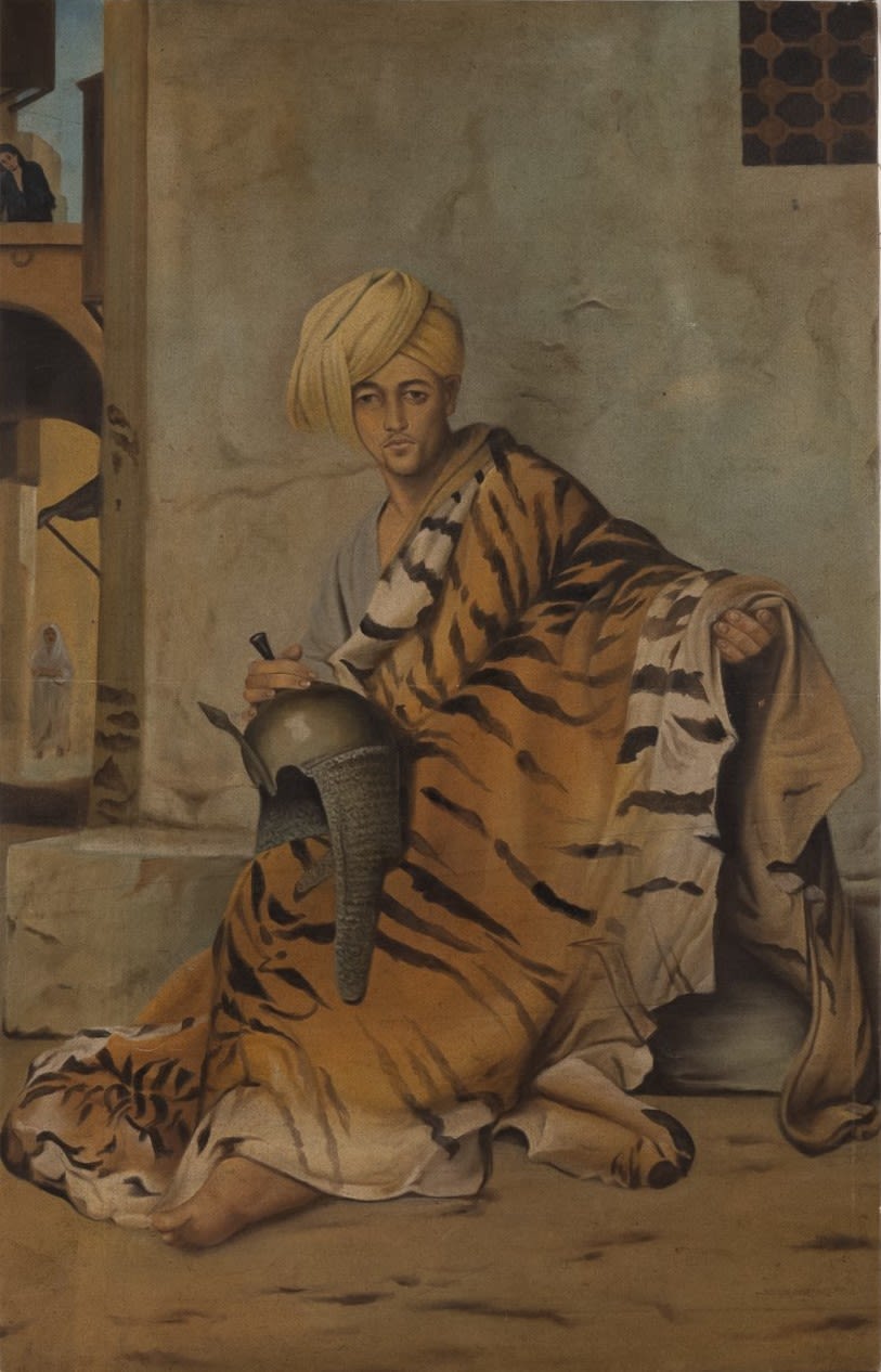Lot 492: An Islamic Oil Painting of "Pelt Merchant of...