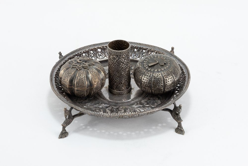 Lot 136: An Indian Silver Candleholder with 2 Boxes.