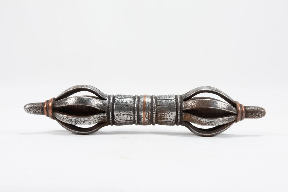 Lot 52: A Tibetan Buddhist Iron Vajra with Copper Inlay...