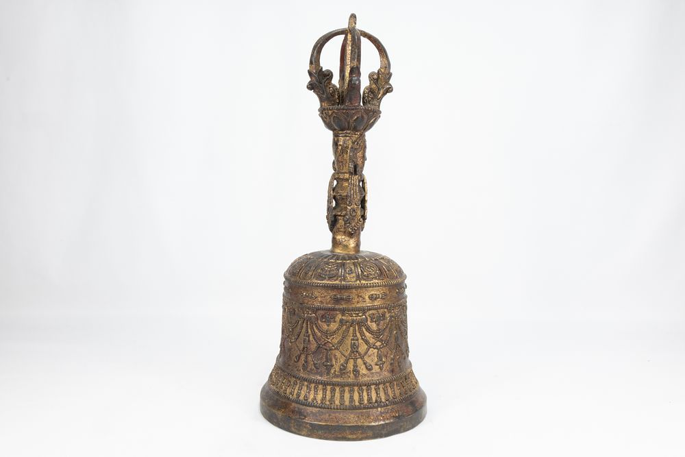 Lot 62: A Large Tibetan Buddhist Bronze Gilt Bell Decorated...