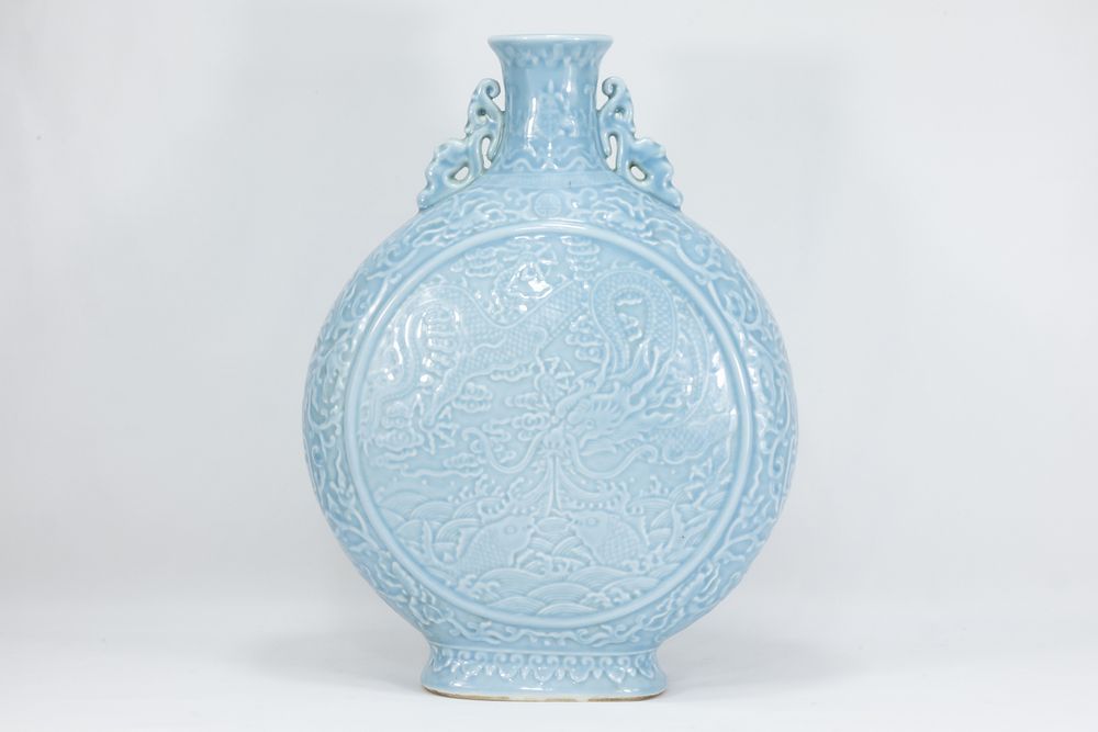 Lot 102: A Chinese Blue Glazed Porcelain Flat Vase with...