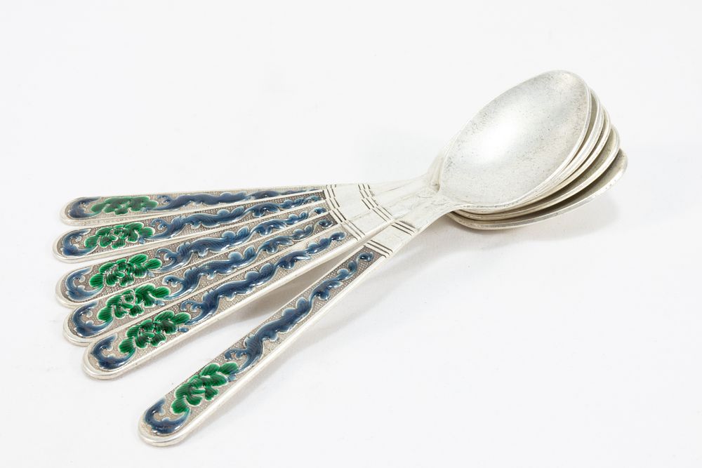 Lot 105: A Set of 6 Chinese White Metal Spoons...