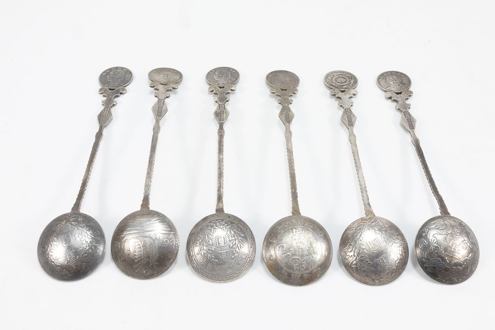 Lot 112: A Set of 6 Chinese White Metal Spoons...