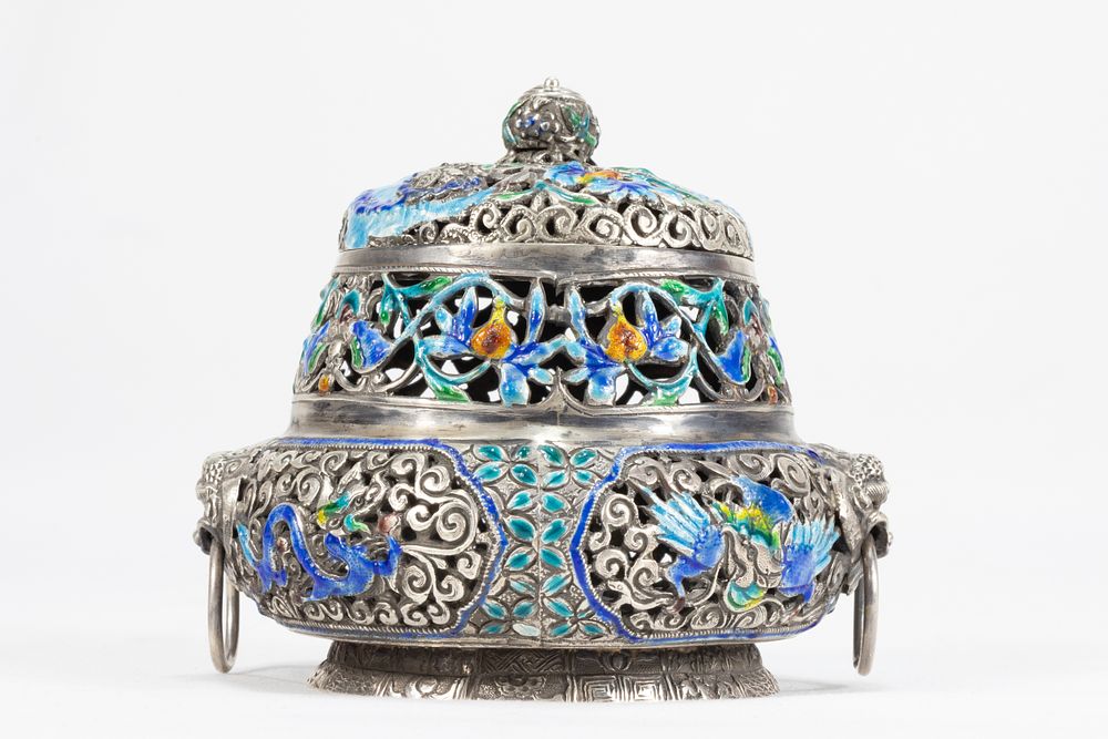 Lot 116: A Chinese Silver Incense Burner Decorated with Enamel...