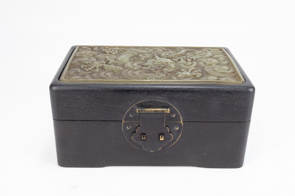 Lot 119: A Large Chinese Hardwood Jade Jewellery Box Depicting...