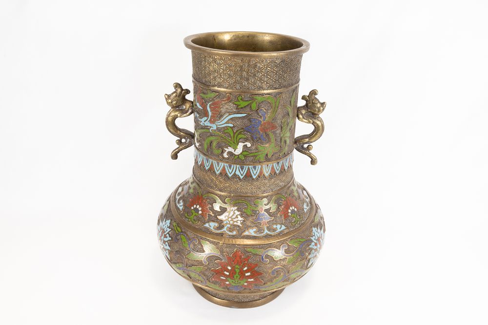 Lot 145: A Japanese Bronze Champlevé Enamel Twin Handled Urn...