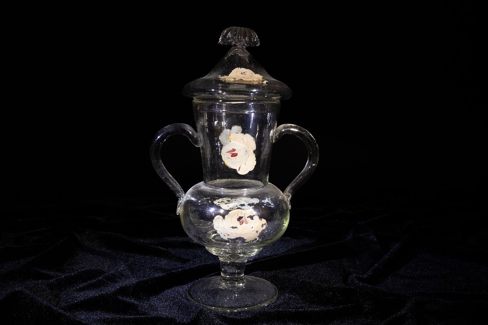 Lot 118: A Glass Twin Handled Vase with a Cover,...