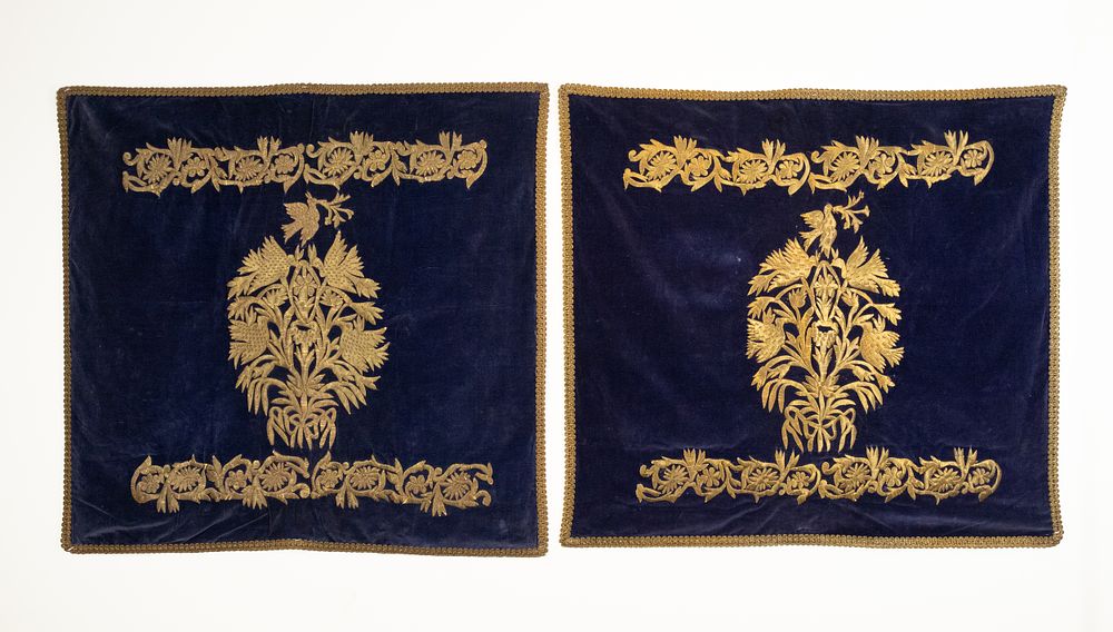 Lot 144: A Pair of Ottoman Deep Blue Velvet Metal...