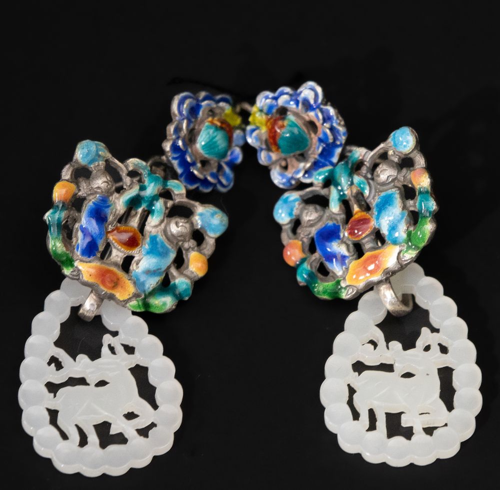 Lot 189: A Pair of Chinese Silver Enamel & Jade...