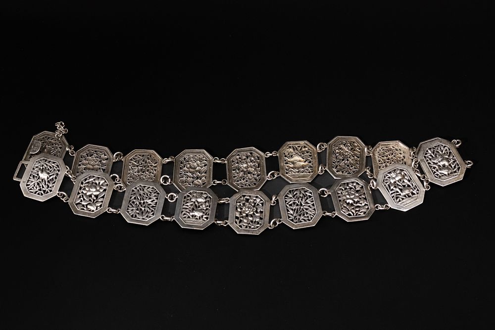 Lot 192: A Chinese Silver Link Belt, with Eighteen Panels...