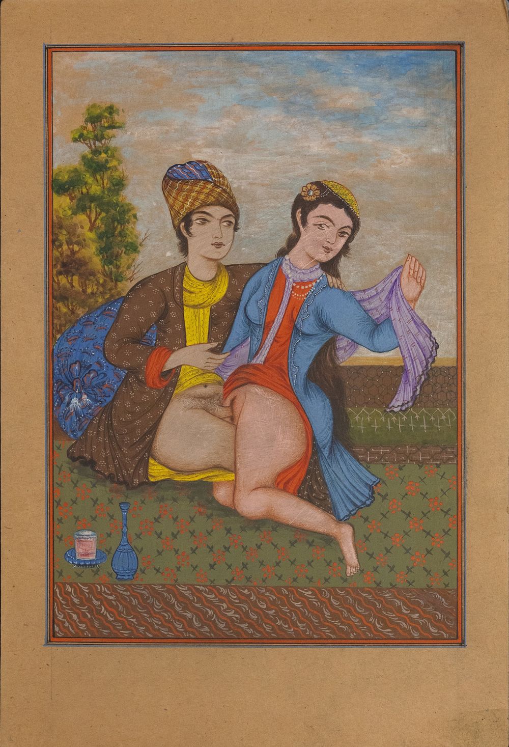Lot 230: A Persian Miniature Erotic Painting of a Couple...