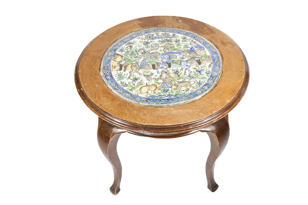 Lot 256: An Islamic Qajar Table Decorated with a Ceramic...