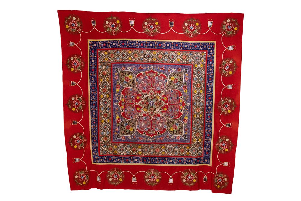 Lot 328: A Persian Rasht Embroidered Square Panel, Late 19th...