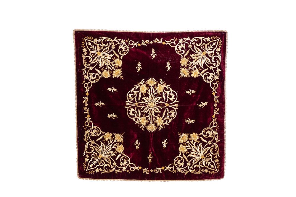 Lot 336: An Ottoman Metal Threaded Embroidered Suzani Velvet Square...