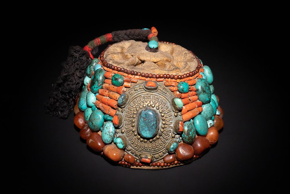 Lot 206: A Tibetan Ceremonial Hat Adorned with Turquoise, Coral,...