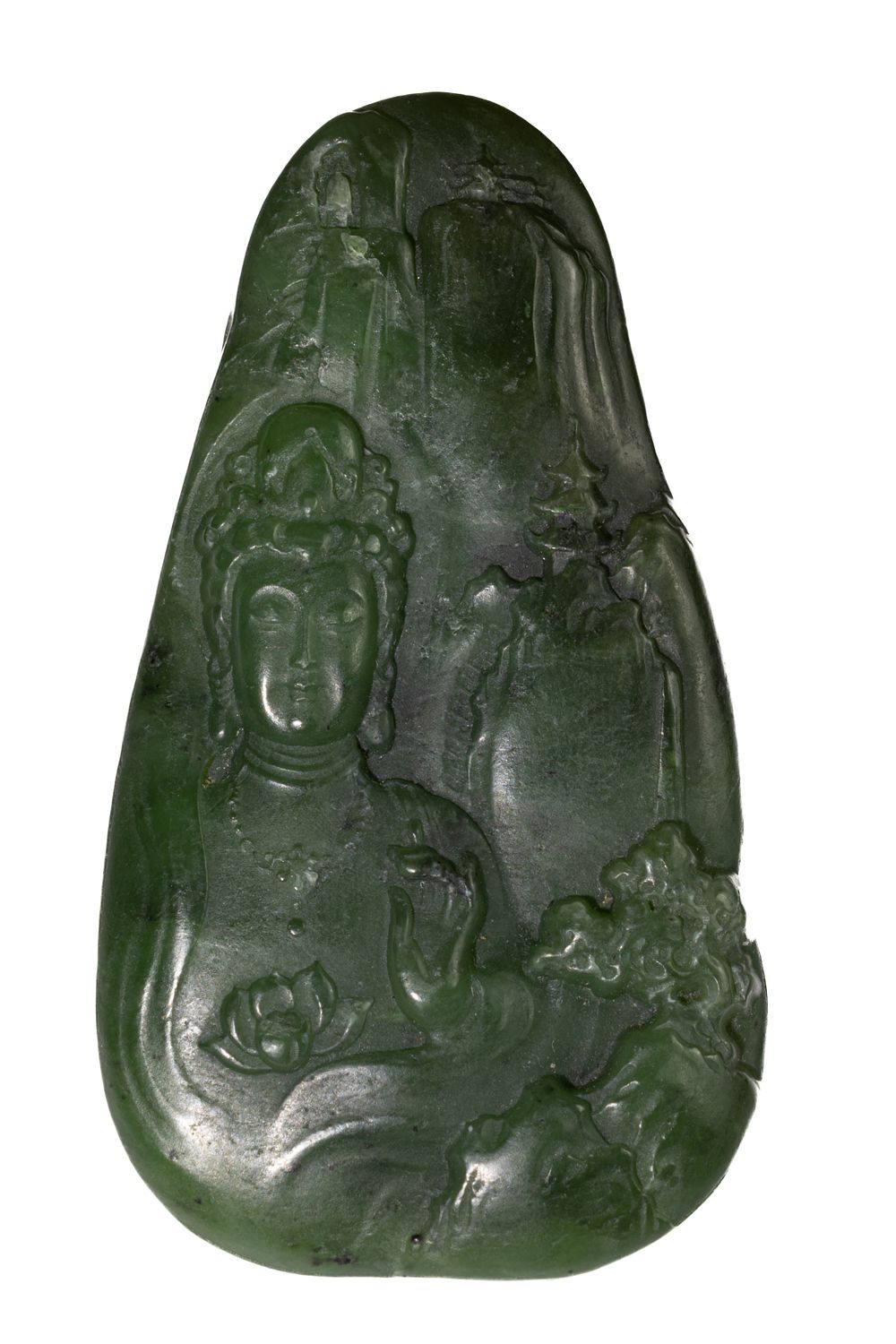 Lot 249: A Chinese Jade Pendant of Guanyin with Scenic...