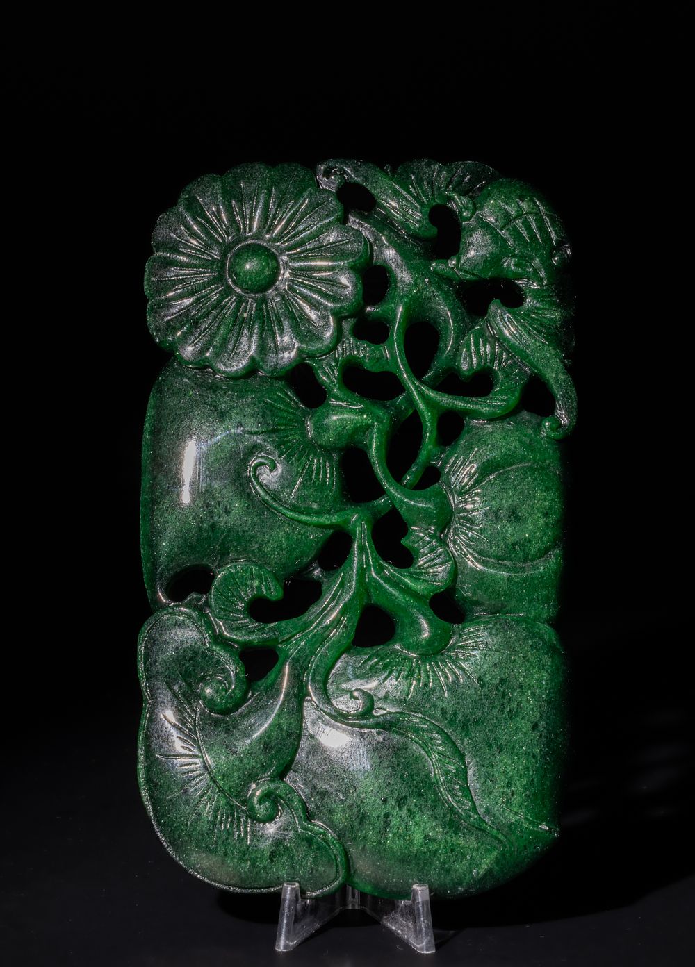 Lot 250: A Chinese Openwork Green Jade Plaque with Floral...
