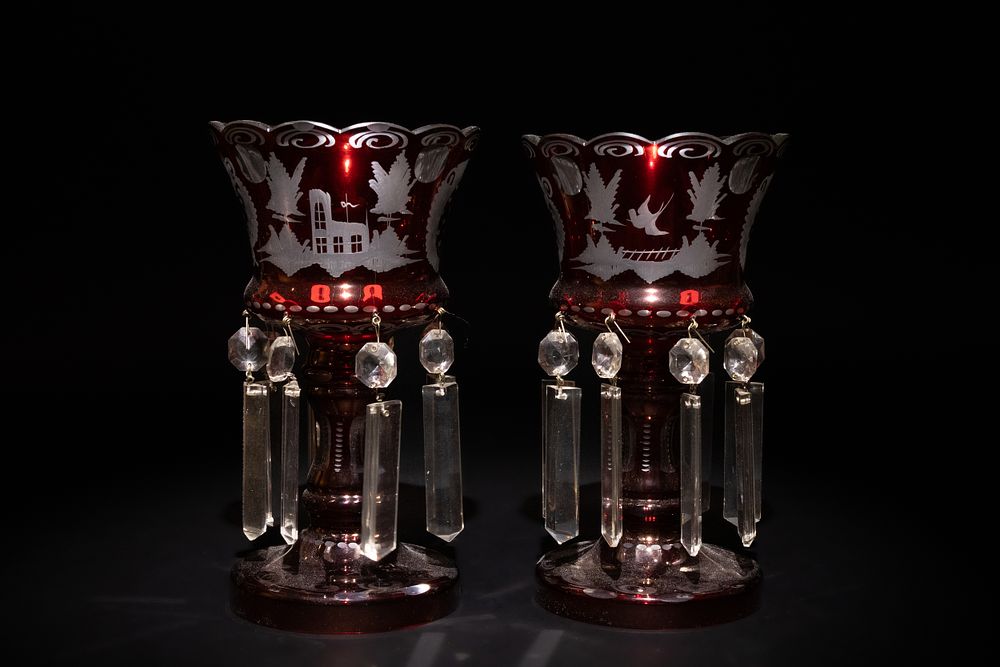 Lot 295: A Pair of Bohemian Ruby Glass Lustres with...