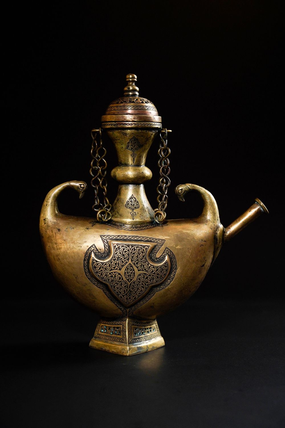 Lot 151: An Indian Bronze Pilgrim Flask with Stylized Avian...