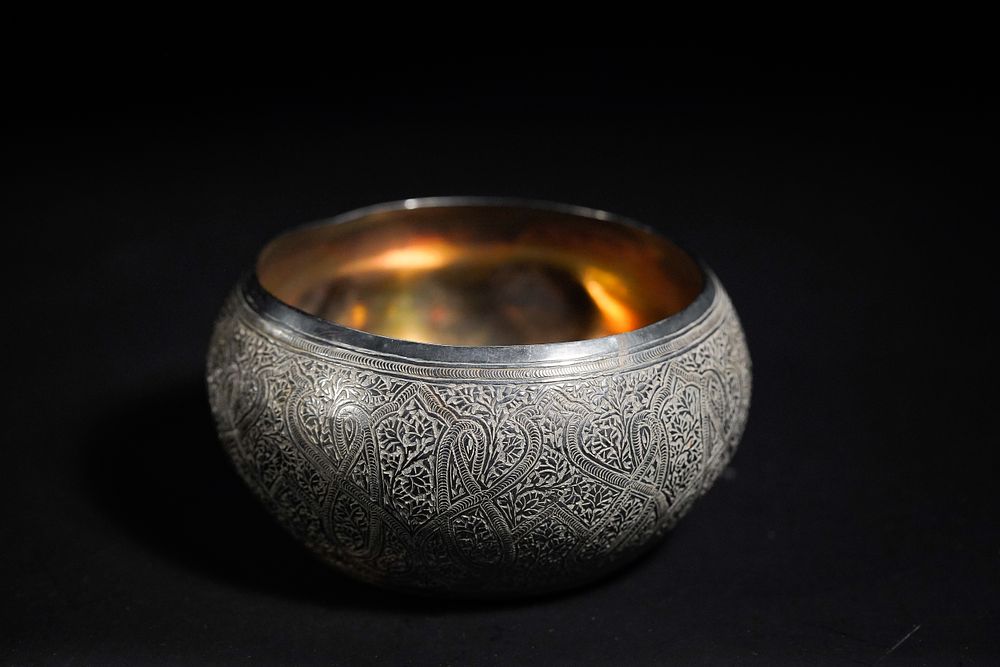 Lot 153: An Indian Kashmiri Silver Sugar Bowl with Intricate...