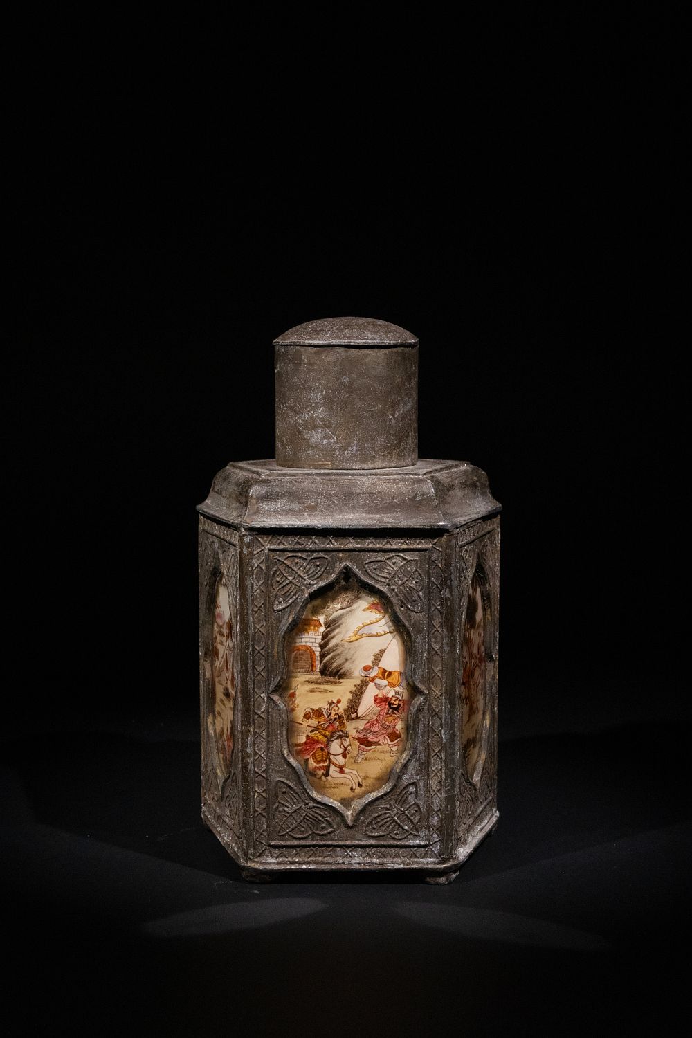 Lot 325: A Chinese Lead Hexagonal Canister with Painted Battle...